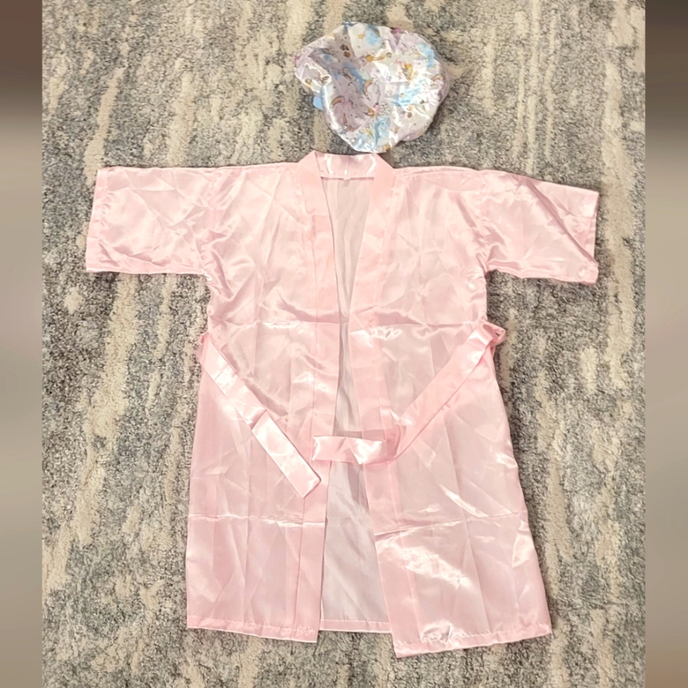 Cute satin Pink girl robe with blue sleeper hat, new, no tags, age size 8.